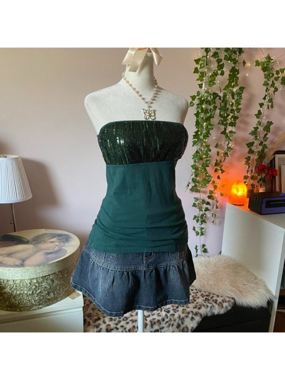 2000s green tube top with sequin details